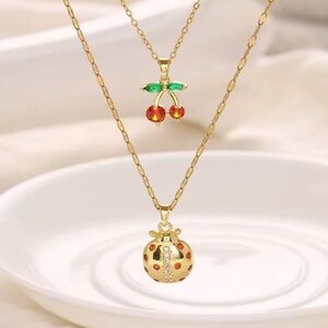 18K Gold Bohemian Ladybug & Twin Cherries Gemstone Necklace Set Red Green Garnet